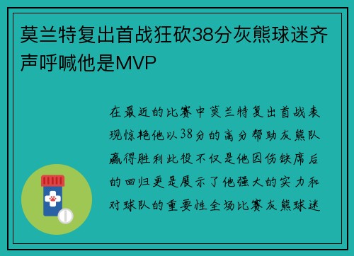 莫兰特复出首战狂砍38分灰熊球迷齐声呼喊他是MVP